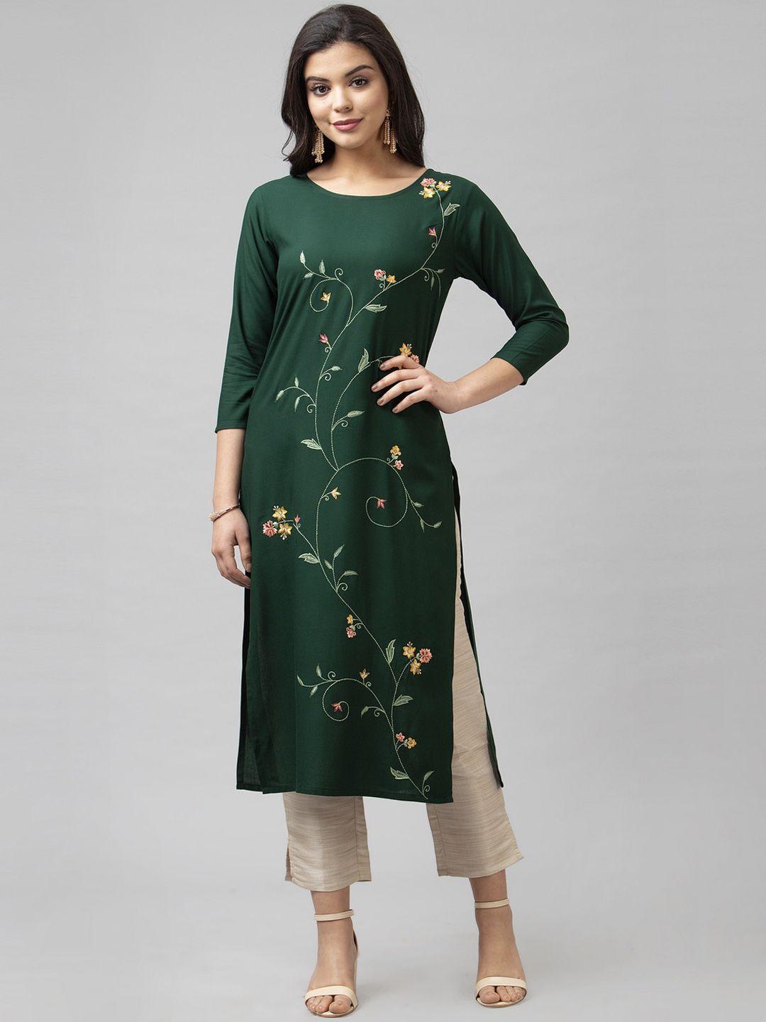 sanisa women green floral embroidered thread work kurta