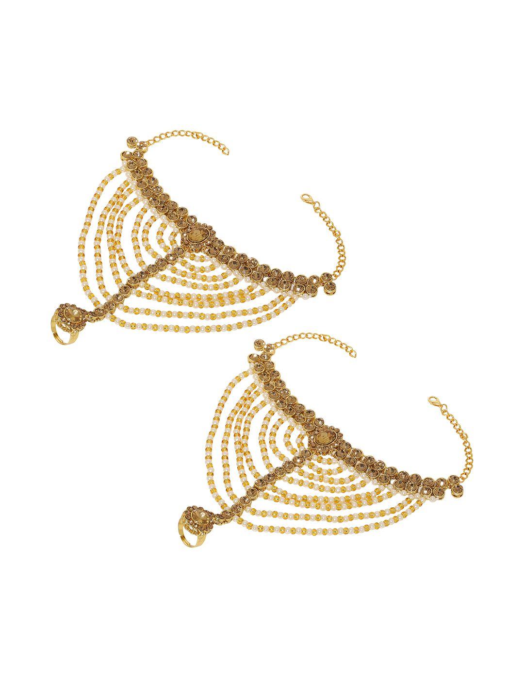 sanjog gold-plated gold toned kundan studded & beaded multistrand anklet