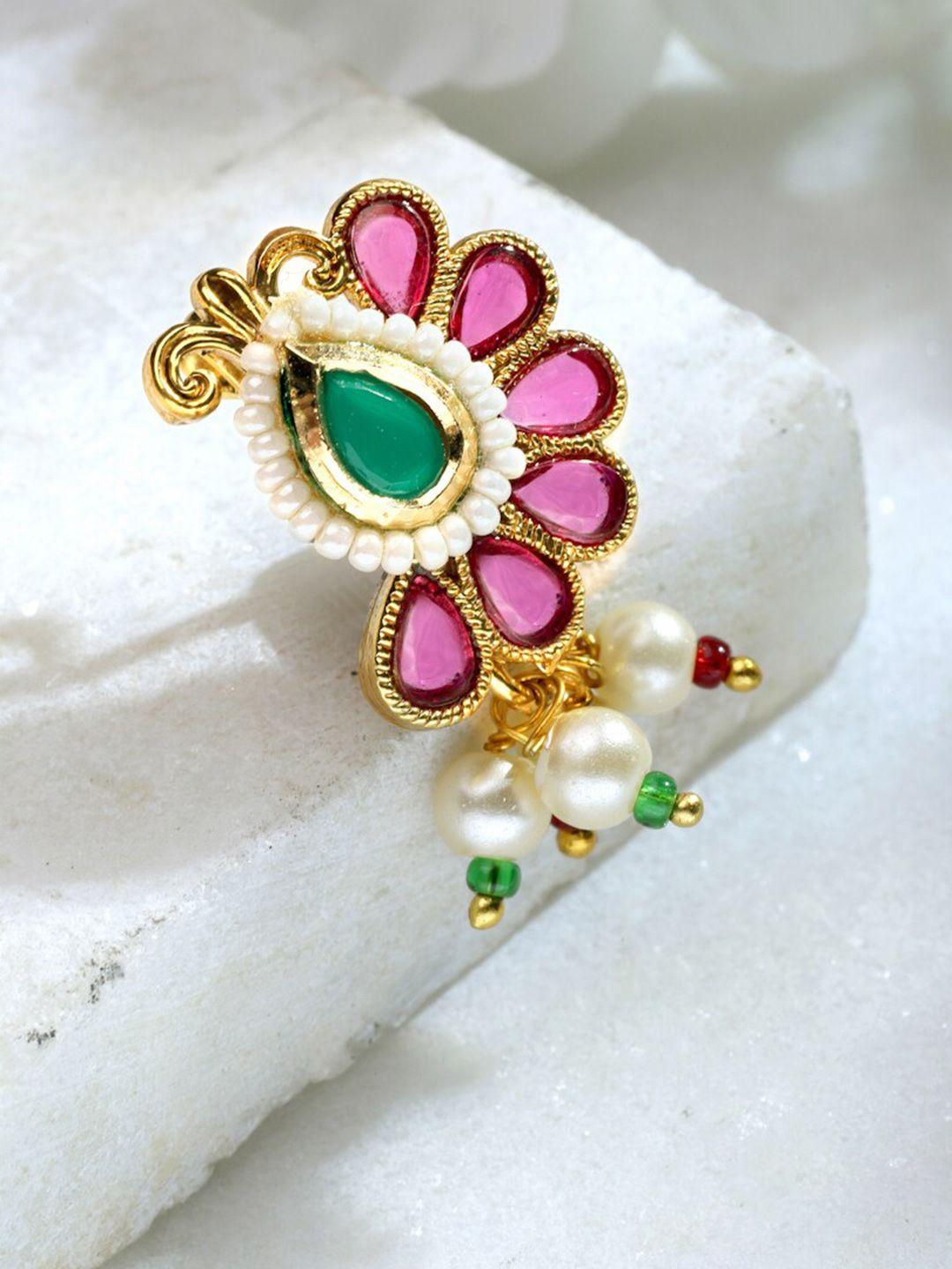 sanjog gold-plated stone-studded & pearl beaded nosepin
