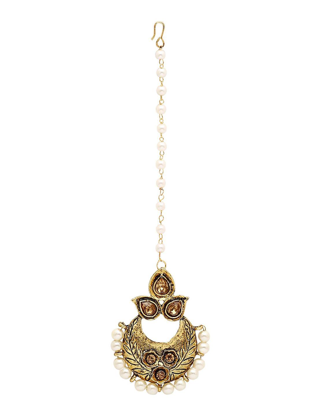 sanjog gold-plated brown & white stone-studded & beaded maang tikka