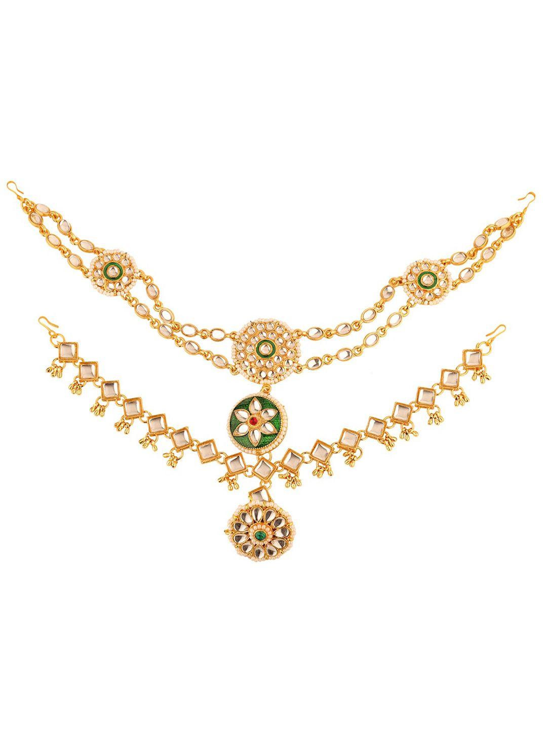 sanjog gold-plated green & white kundan-studded bridal sheeshphool bridal matha patti