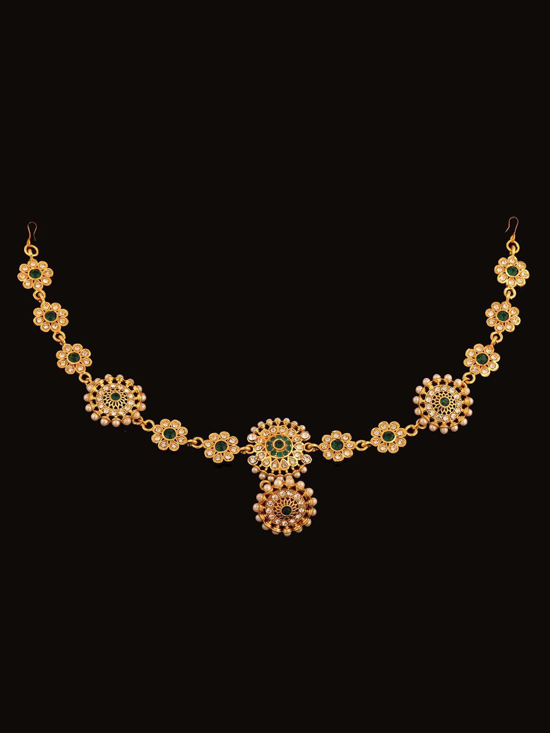 sanjog gold-plated green kundan-studded & pearl beaded borla sheeshphool mathapatti