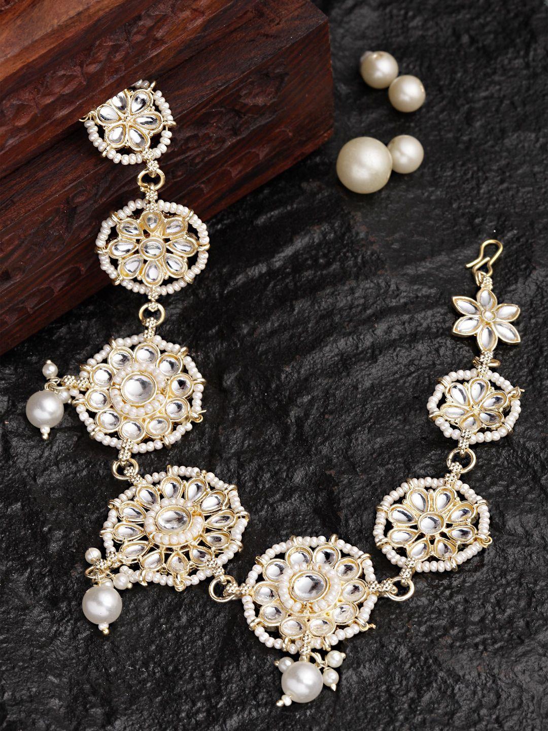 sanjog gold-plated kundan-studded & pearl studded head chain matha patti