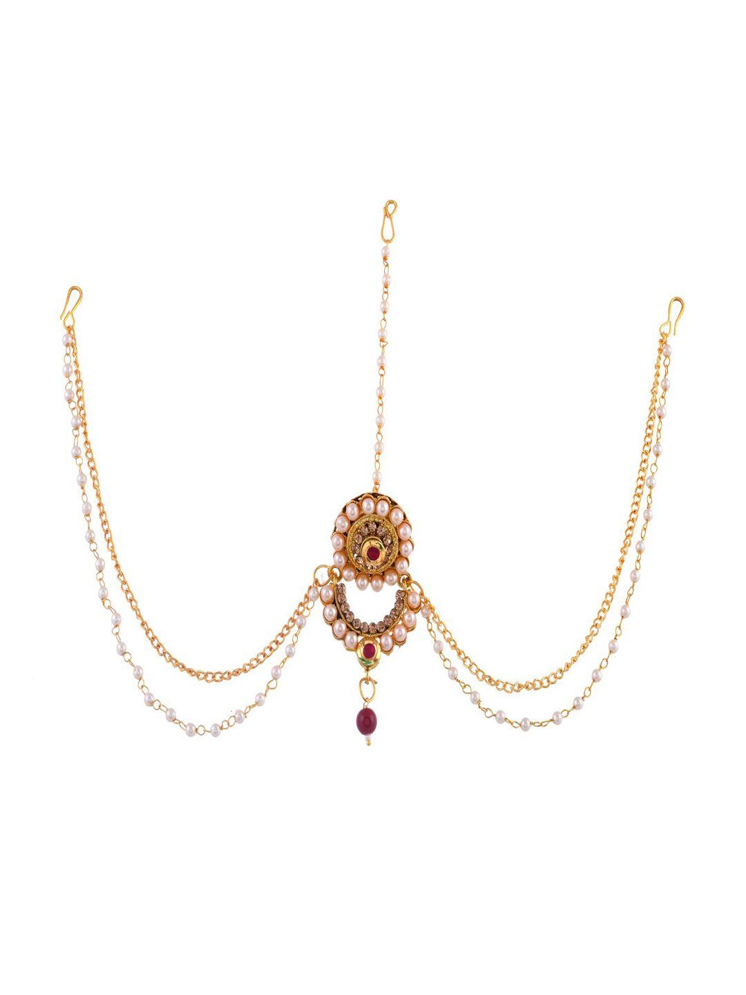 sanjog gold-plated pink & white kundan-studded & pearl sheeshphool  matha patti