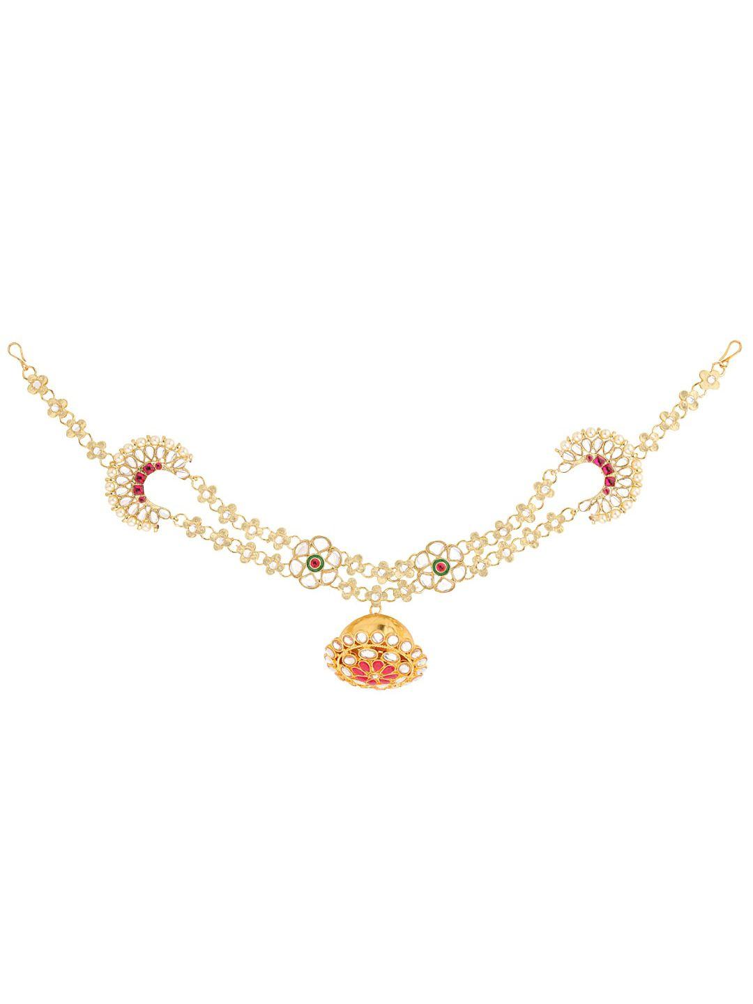 sanjog gold-plated red & white kundan-studded & pearl borla sheeshphool matha patti