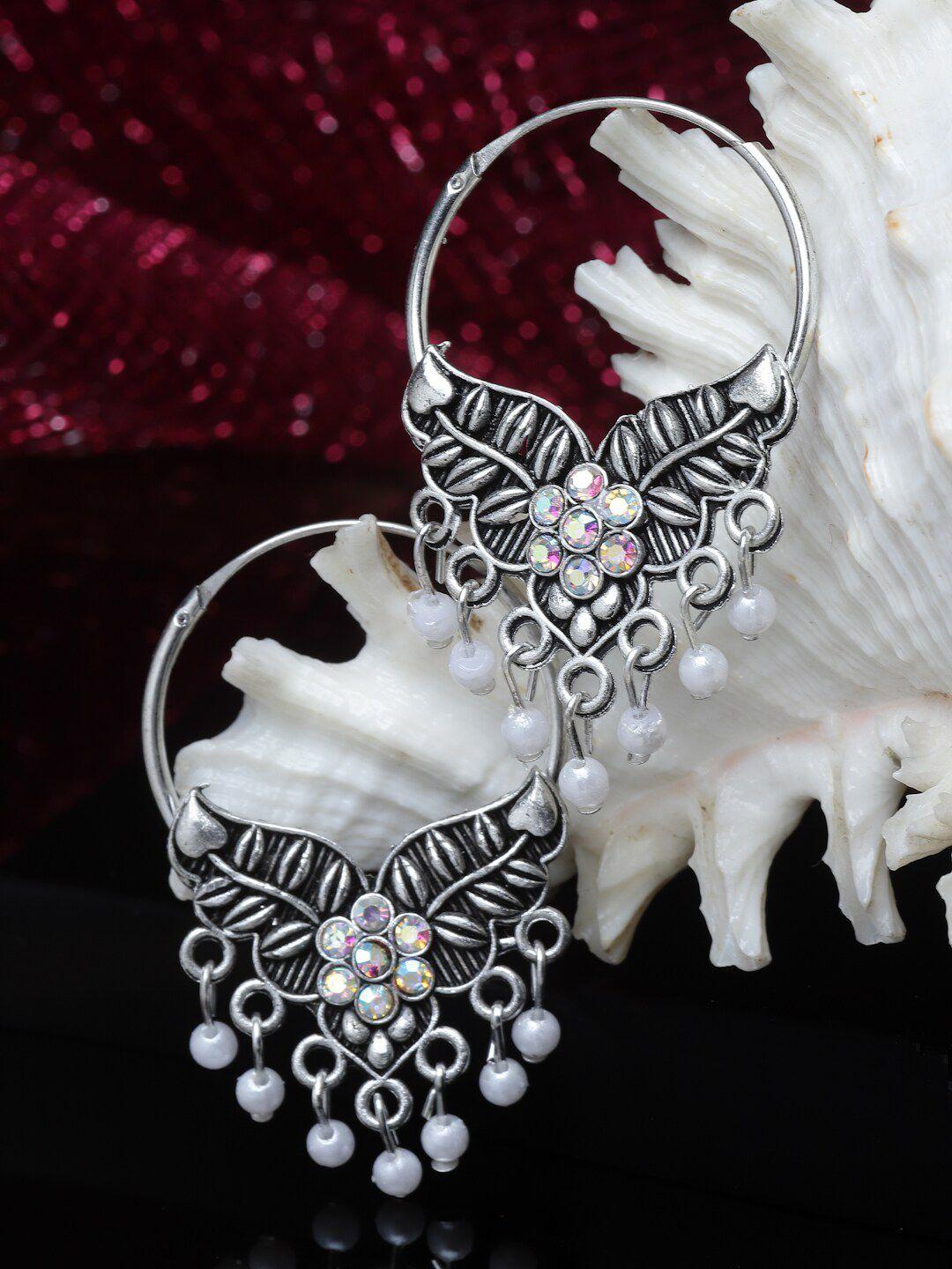 sanjog silver plated stone studded & beaded german silver crescent shaped hoop earrings