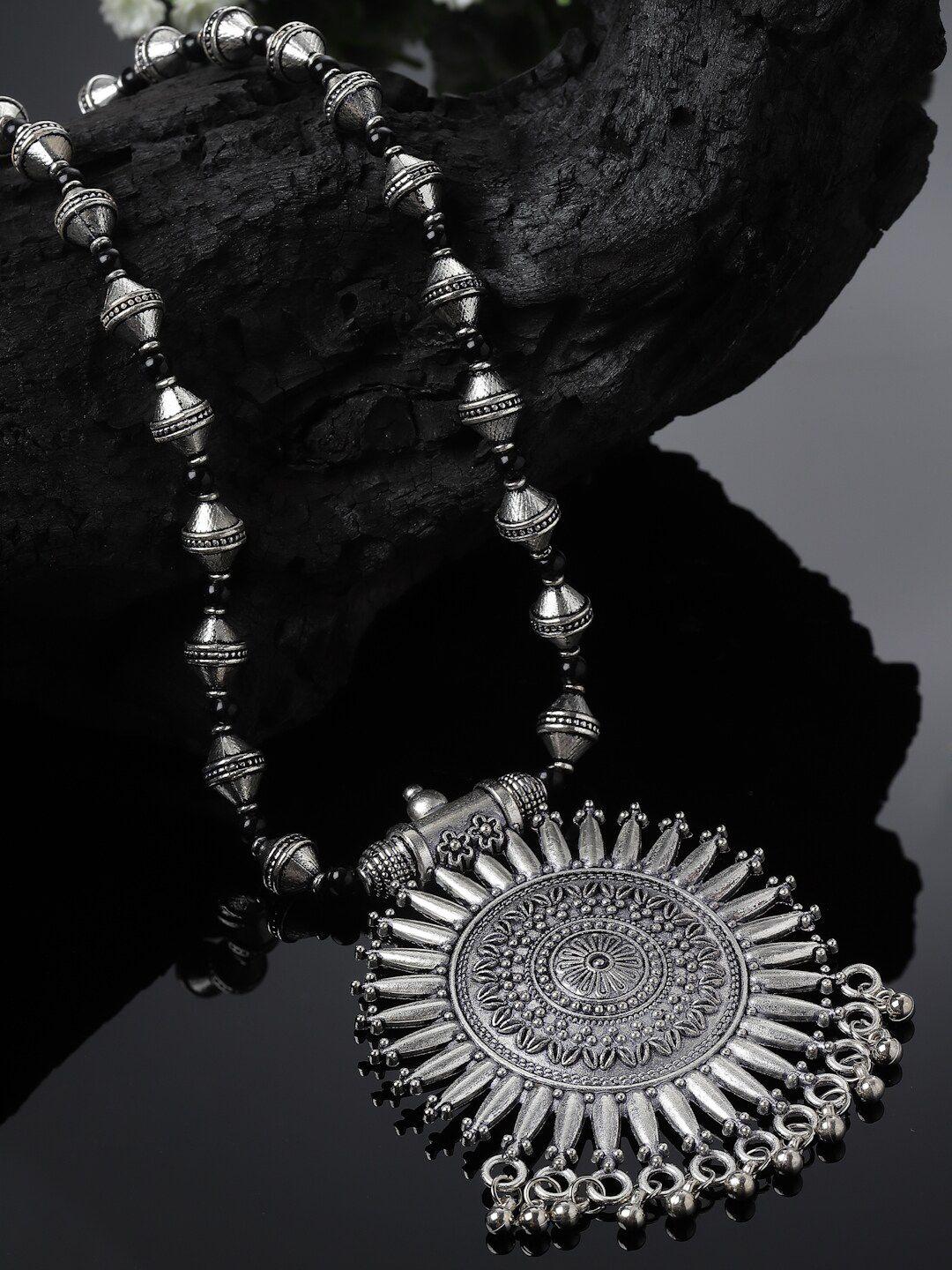 sanjog silver-toned brass silver-plated oxidised necklace
