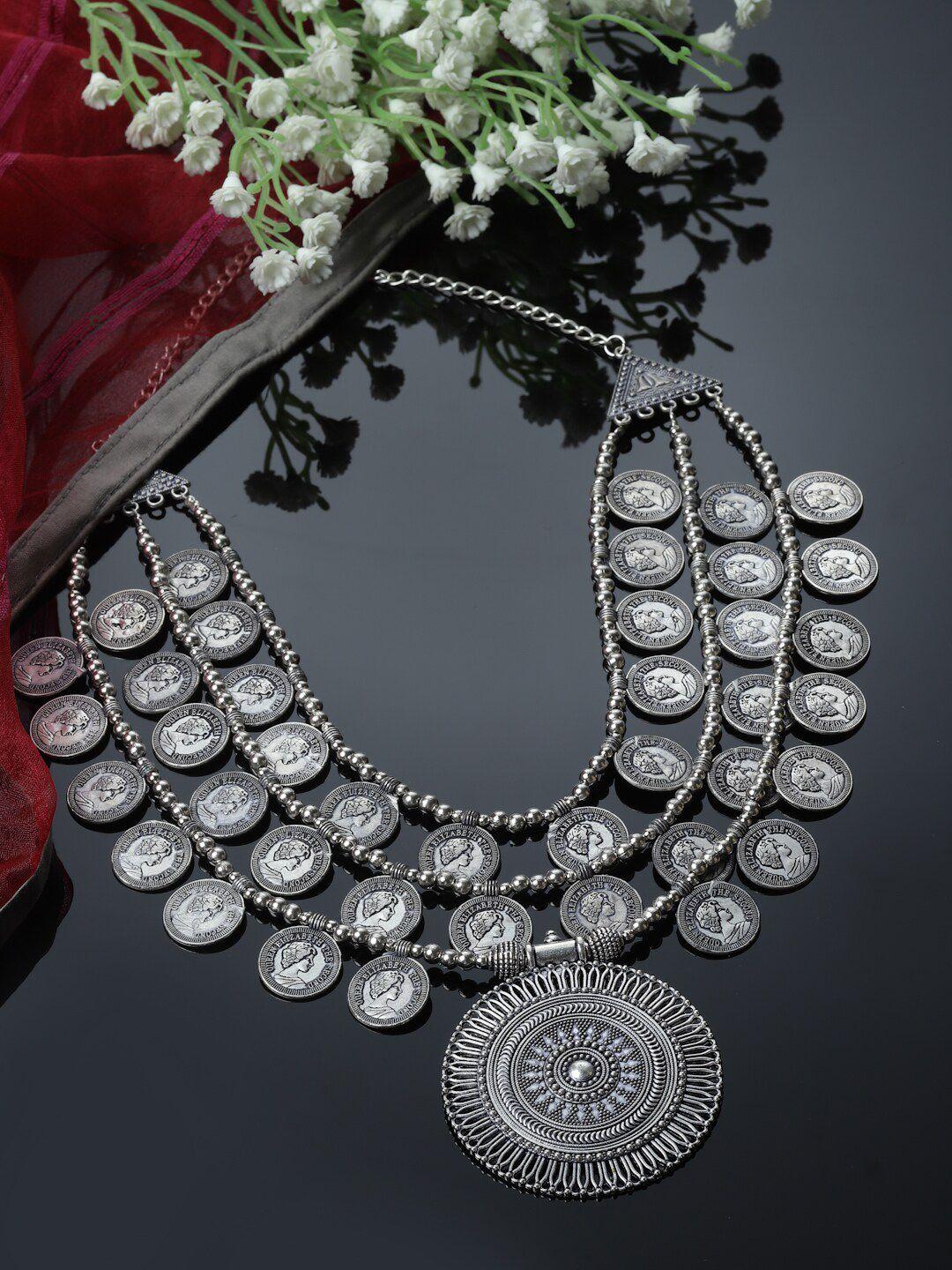 sanjog silver-toned brass silver-plated oxidised necklace