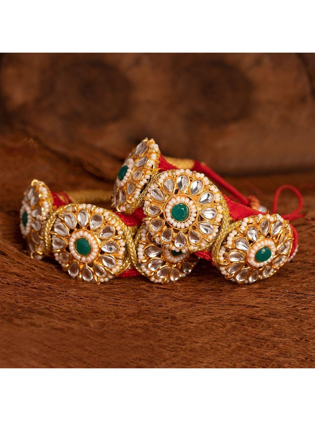 sanjog women 2 gold-toned & white brass kundan gold-plated rajasthani pochi armlet bangle