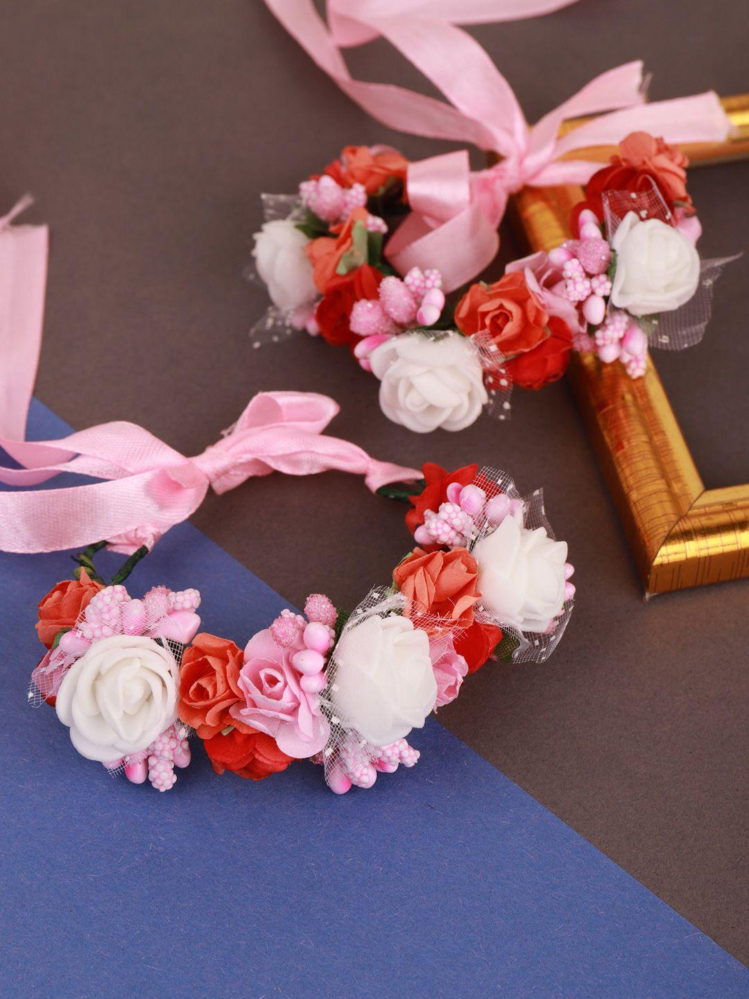 sanjog women 2 pink & white embellished handmade floral rakhi bracelet