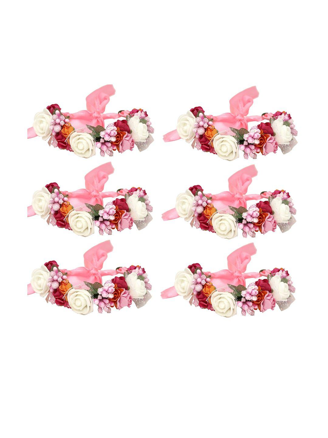 sanjog women 6 pink & white embellished fabric handmade floral rakhi bracelet