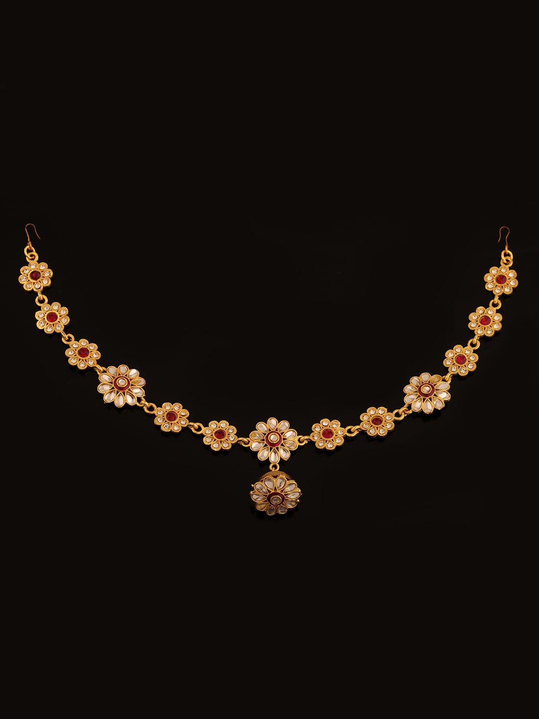 sanjog women gold-plated pink & white kundan-studded borla sheeshphool