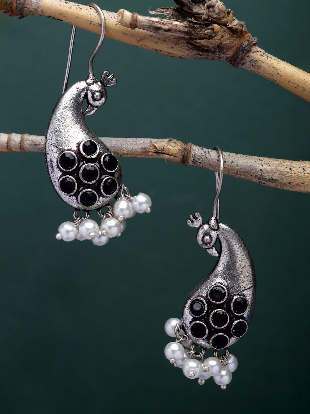 sanjog women oxidized silver-plated peacock shaped artificial stones & beads drop earrings