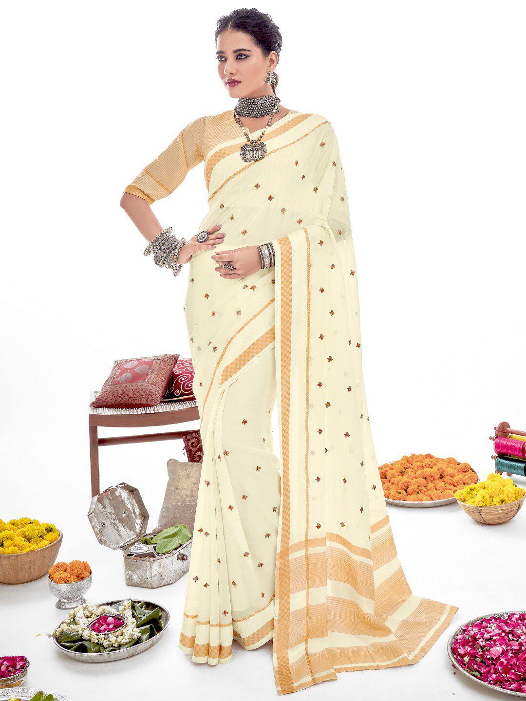 sanskar off white floral embroidered silk blend designer saree