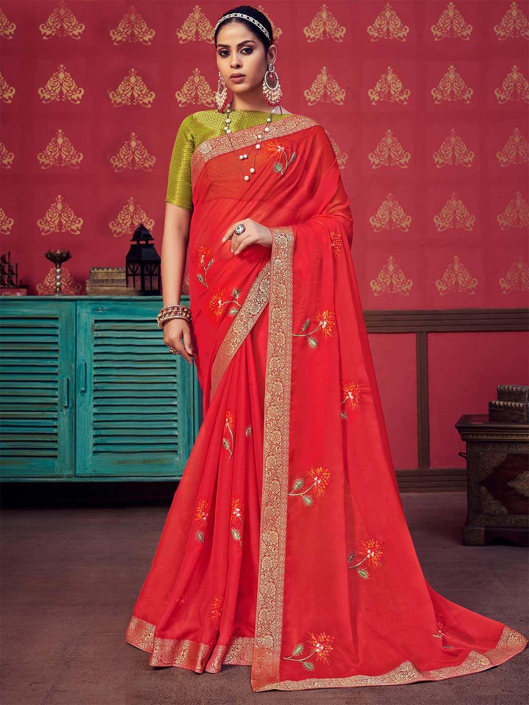 sanskar red embroidered pure chiffon designer saree