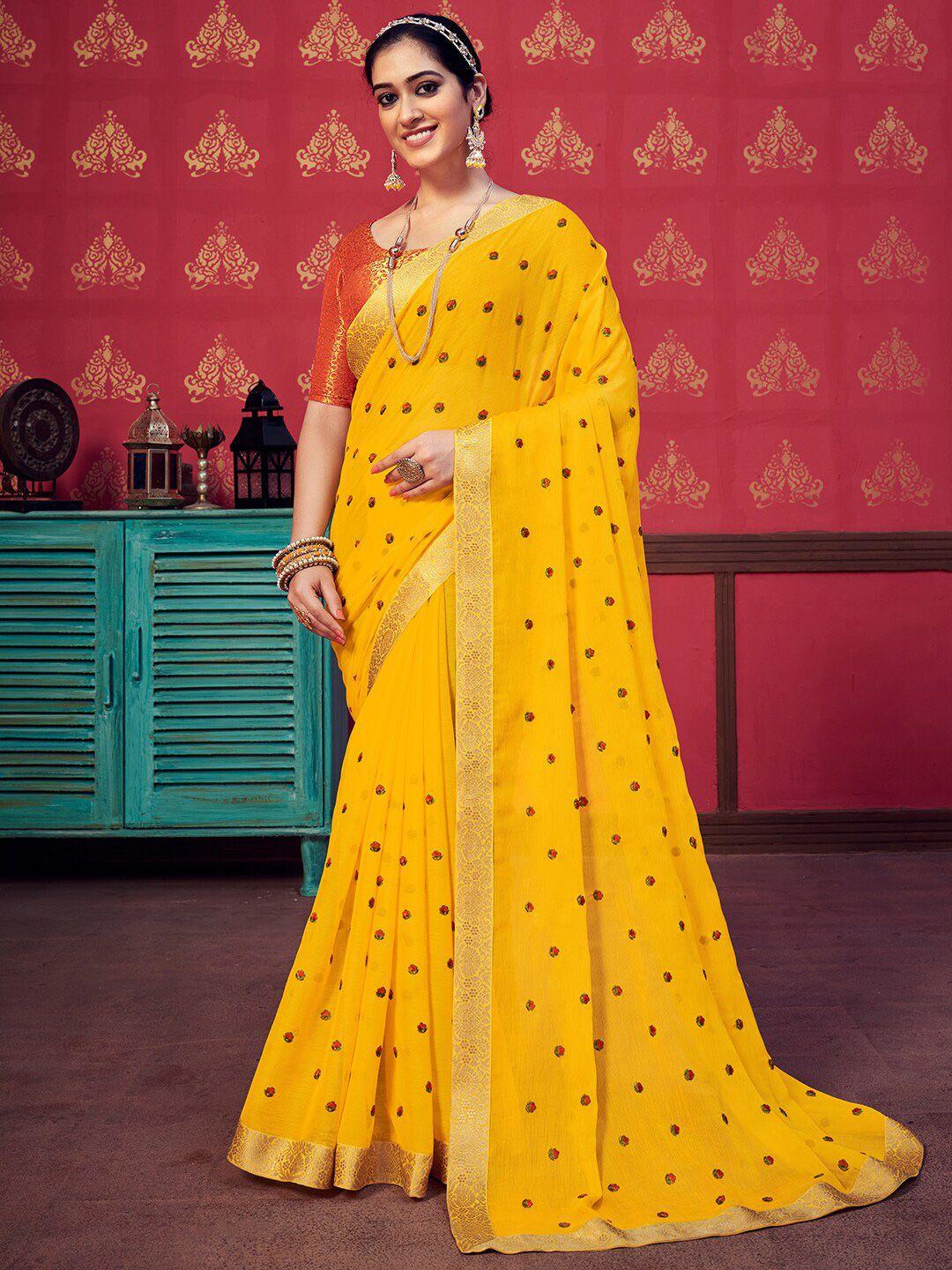 sanskar yellow embroidered pure chiffon designer saree