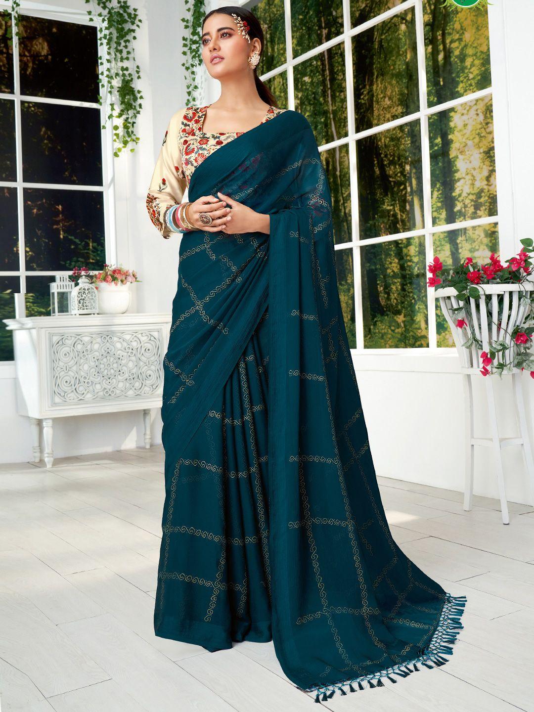 sanskar blue & gold-toned ethnic motifs pure chiffon saree