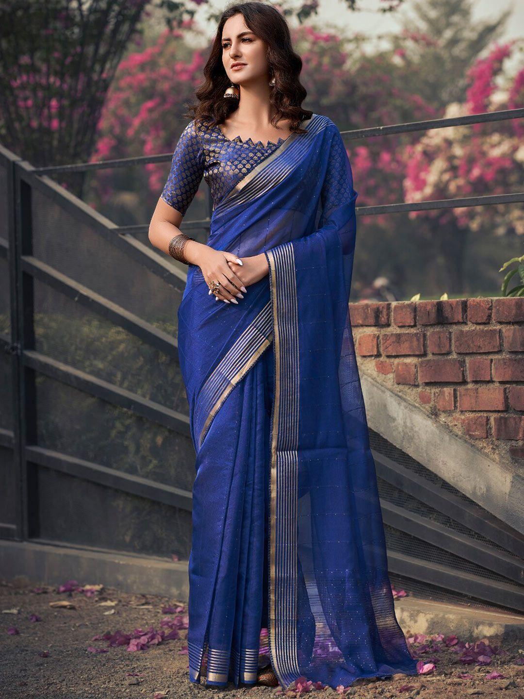 sanskar blue checked organza designer saree