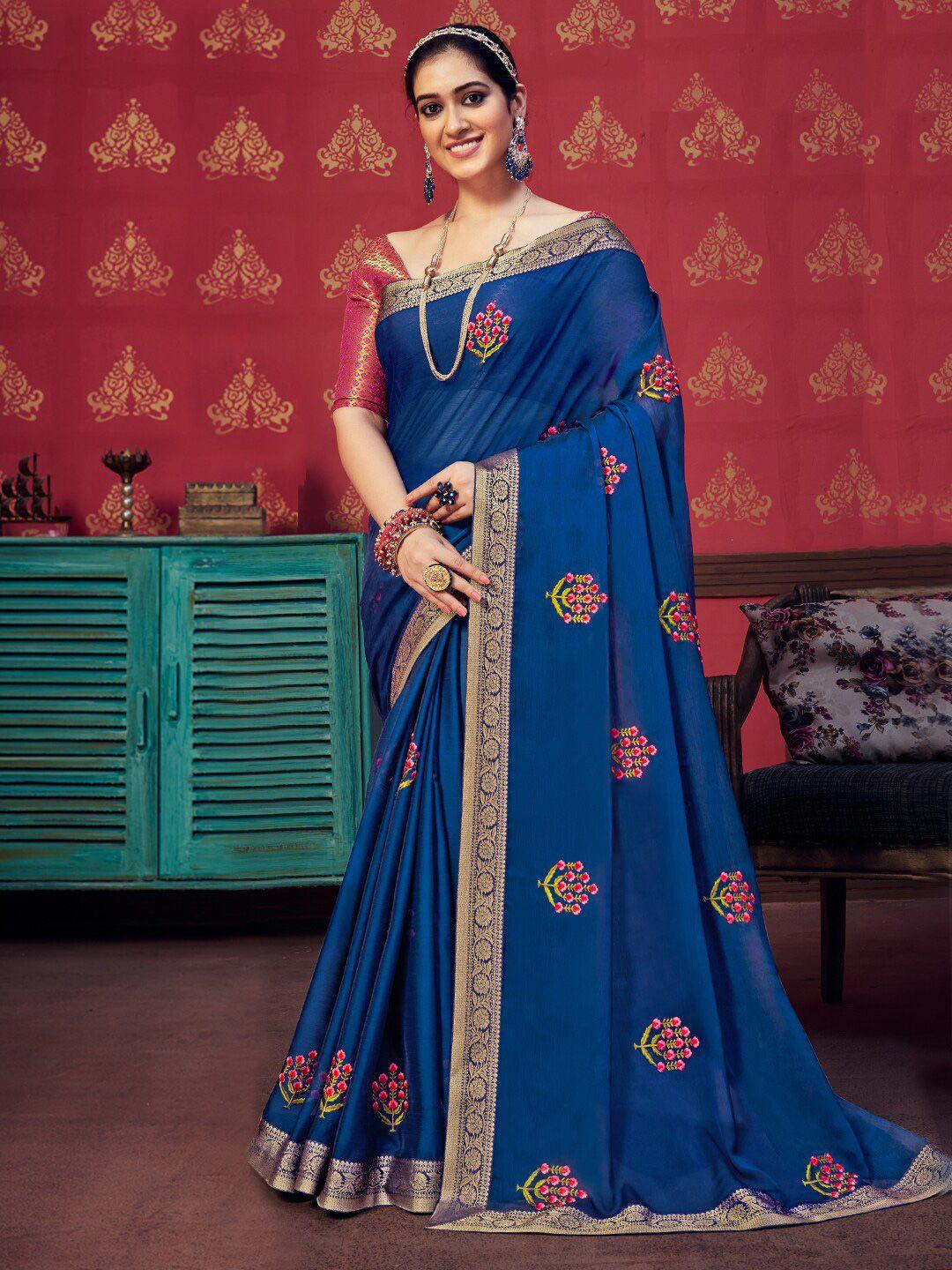 sanskar blue embroidered pure chiffon designer saree