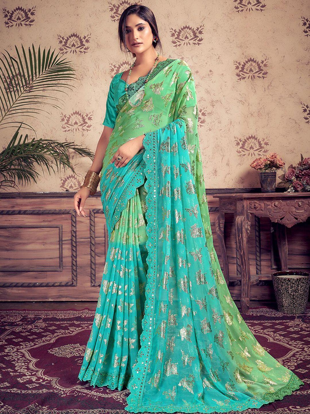 sanskar ethnic motifs printed embroidered mirror work pure georgette saree