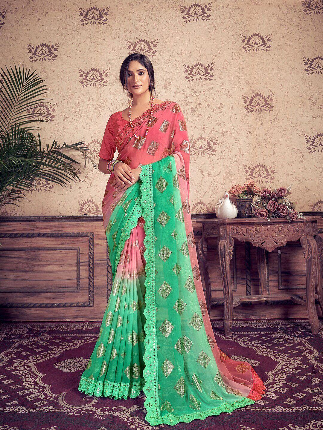 sanskar ethnic motifs printed embroidered mirror work pure georgette saree