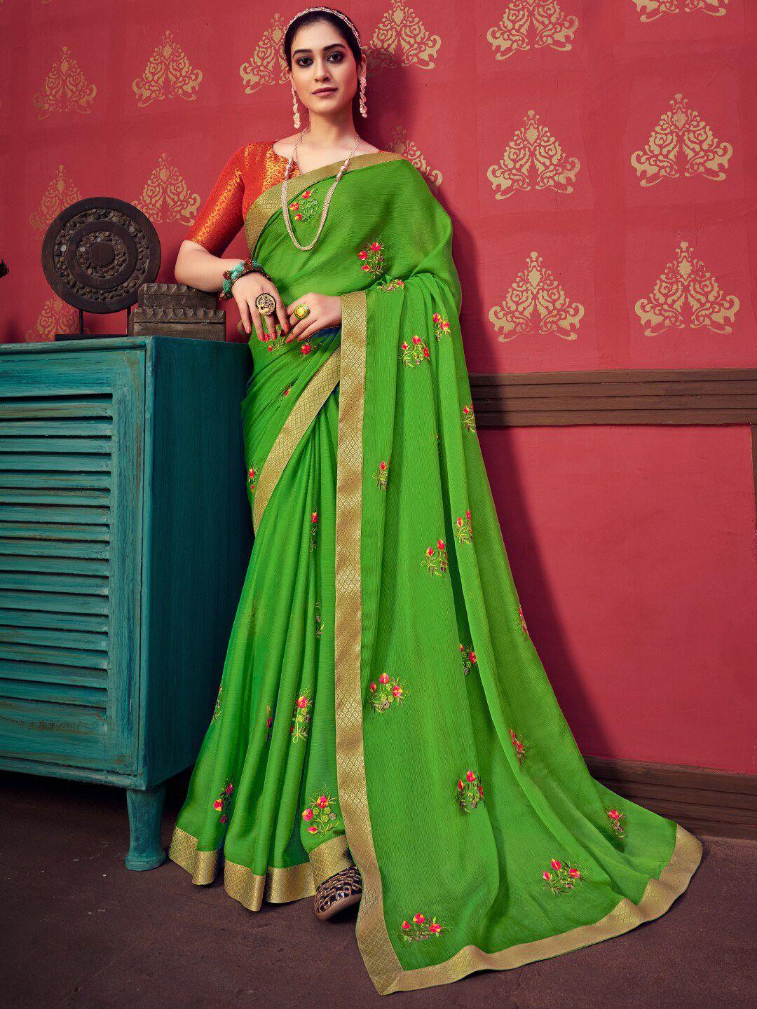 sanskar green embroidered pure chiffon designer saree