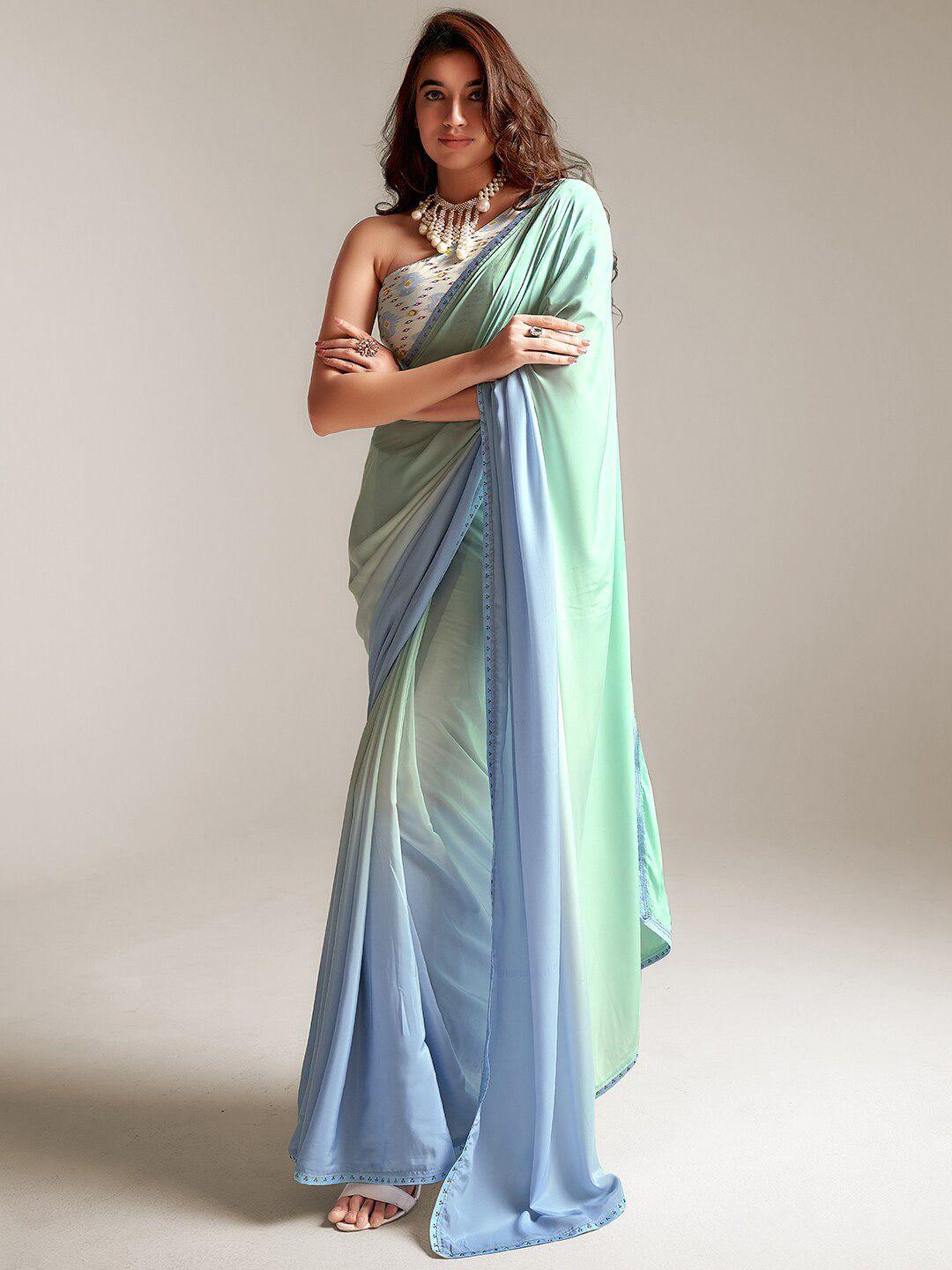 sanskar lime green & blue ombre embroidered pure crepe saree