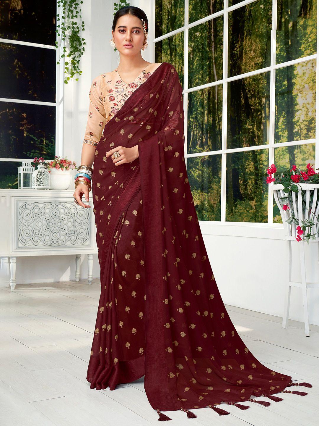 sanskar maroon & gold-toned ethnic motifs pure chiffon saree