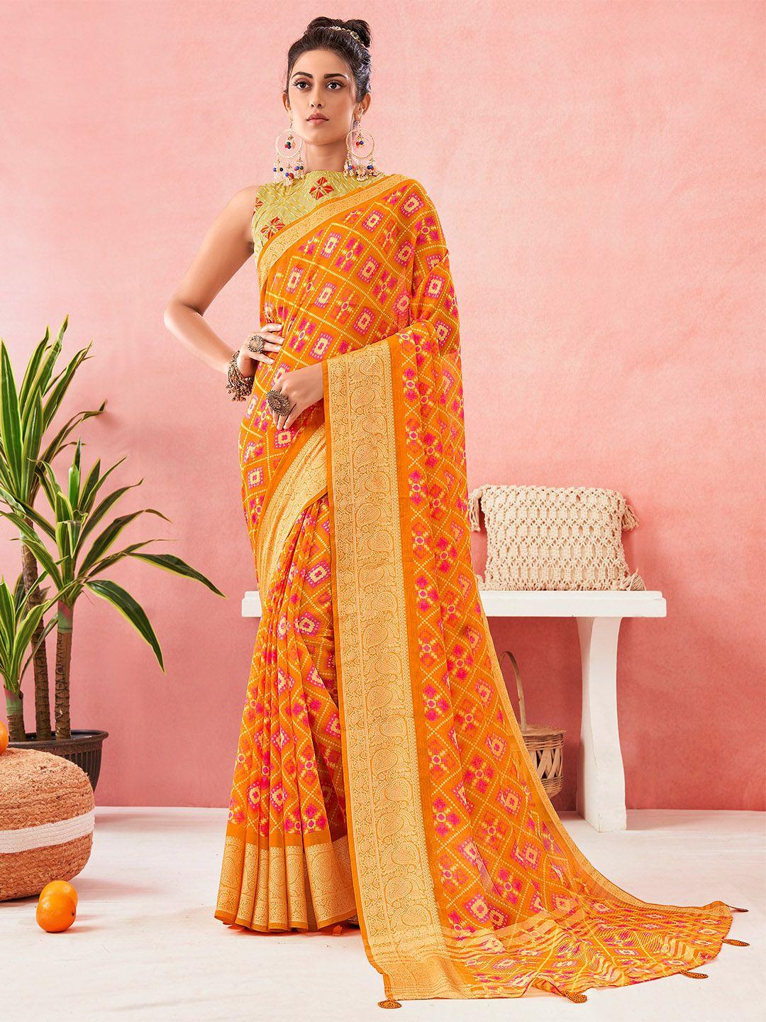 sanskar orange & pink zari pure chiffon saree