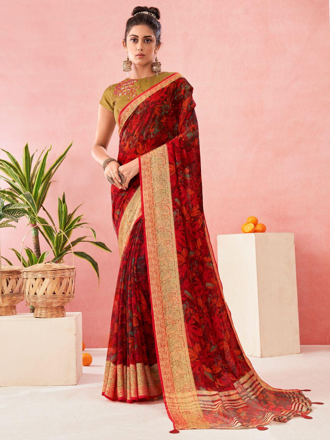 sanskar red & gold-toned floral zari pure chiffon saree