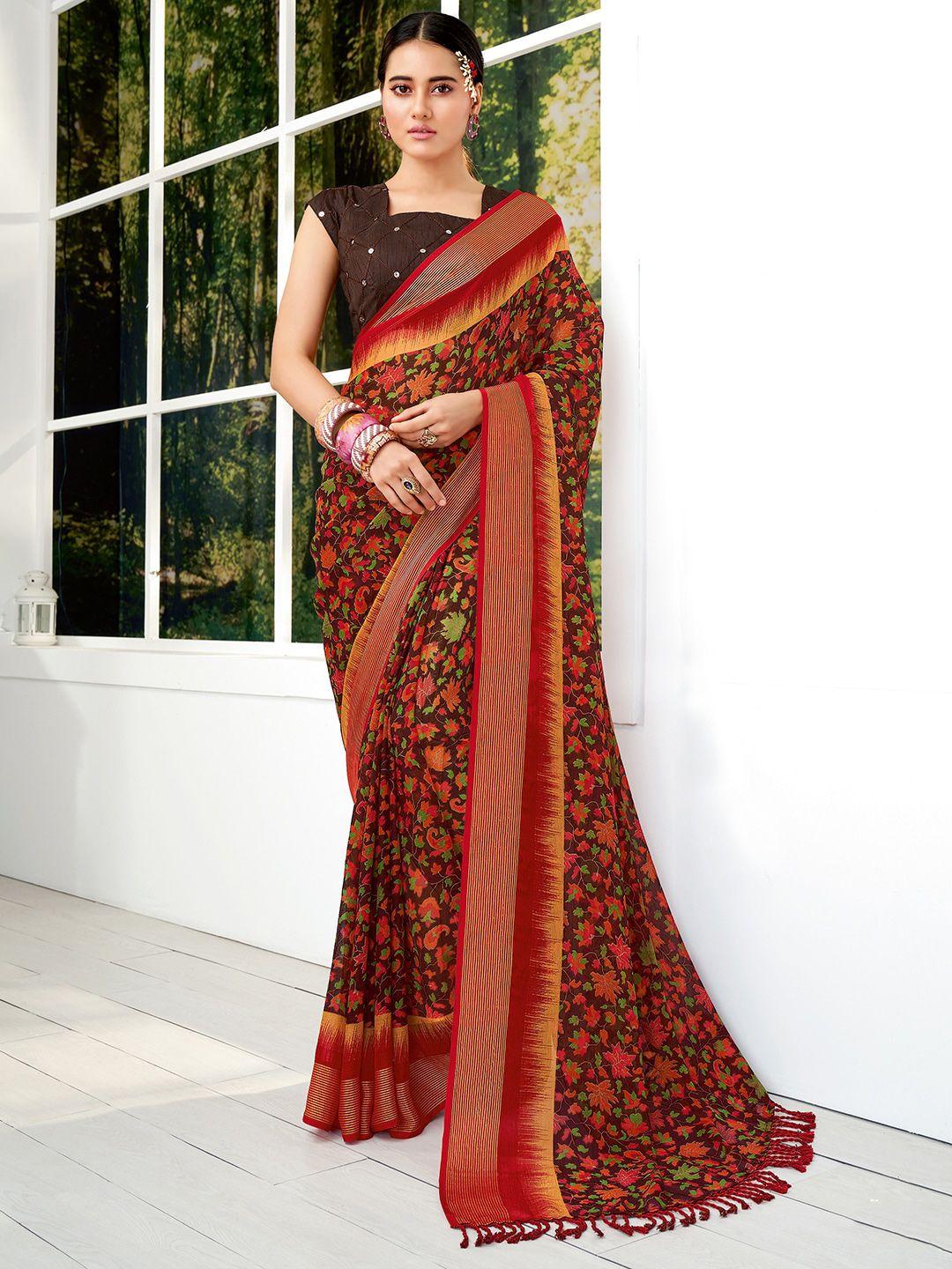 sanskar red & green floral zari pure chiffon saree