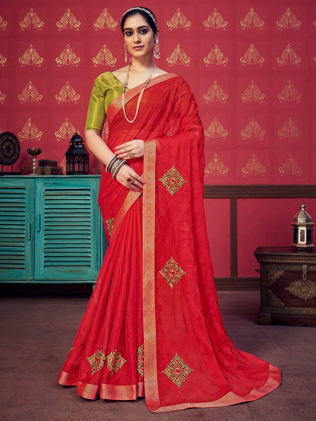 sanskar red embroidered pure chiffon designer saree