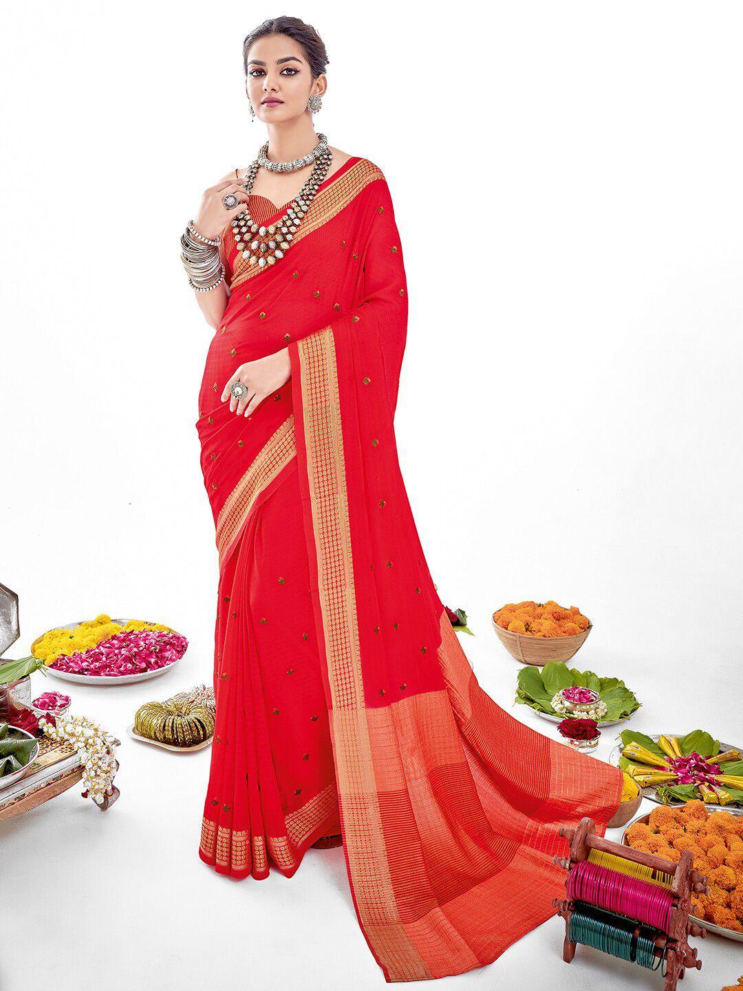 sanskar red floral embroidered silk blend designer saree