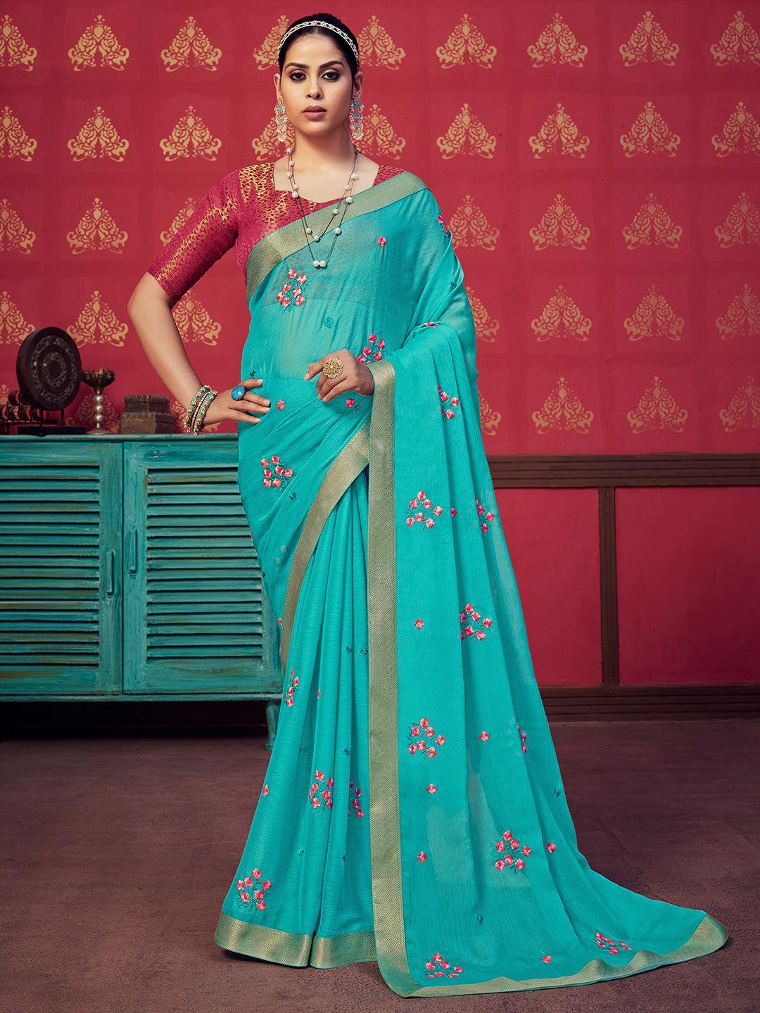 sanskar turquoise blue embroidered pure chiffon designer saree