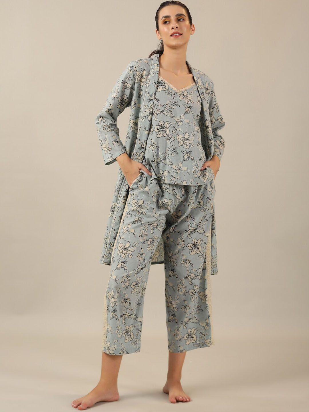 sanskrutihomes-sea-green-3-pieces-floral-printed-pure-cotton-nightsuit