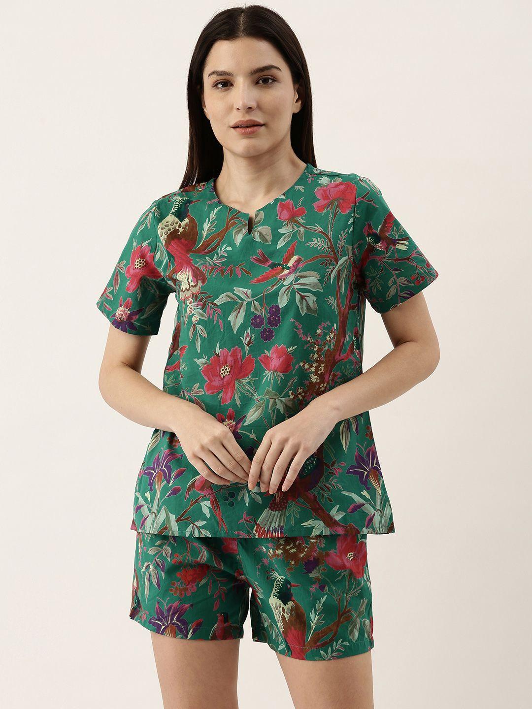 sanskrutihomes women green pure cotton floral print shorts set