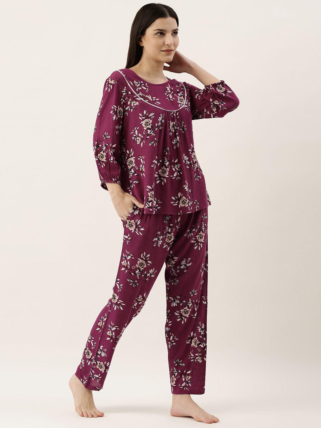 sanskrutihomes-women-magenta-floral-print-pyjama-set