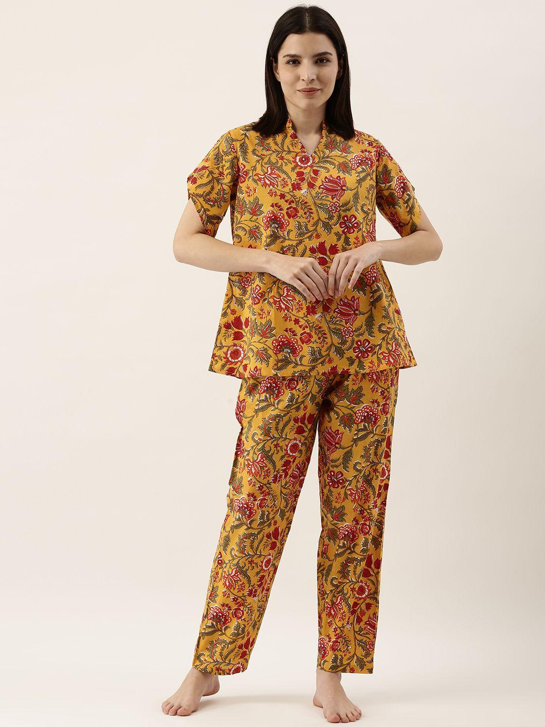 sanskrutihomes women mustard & red pure cotton ethnic motifs printed pyjama set