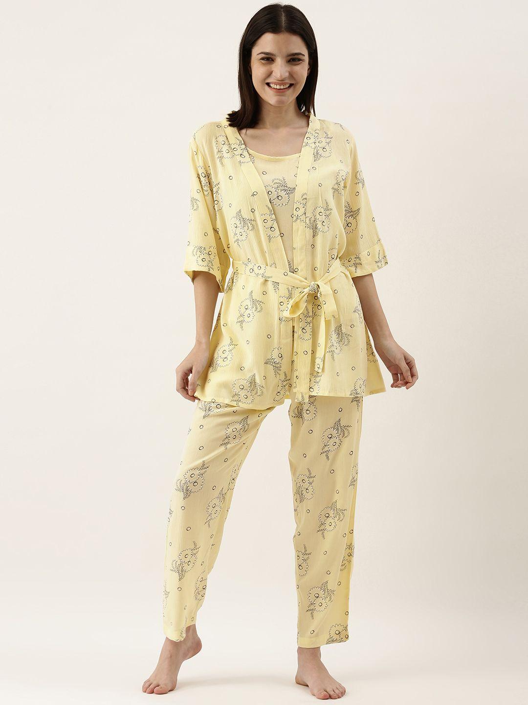 sanskrutihomes women yellow & black floral printed pyjama set
