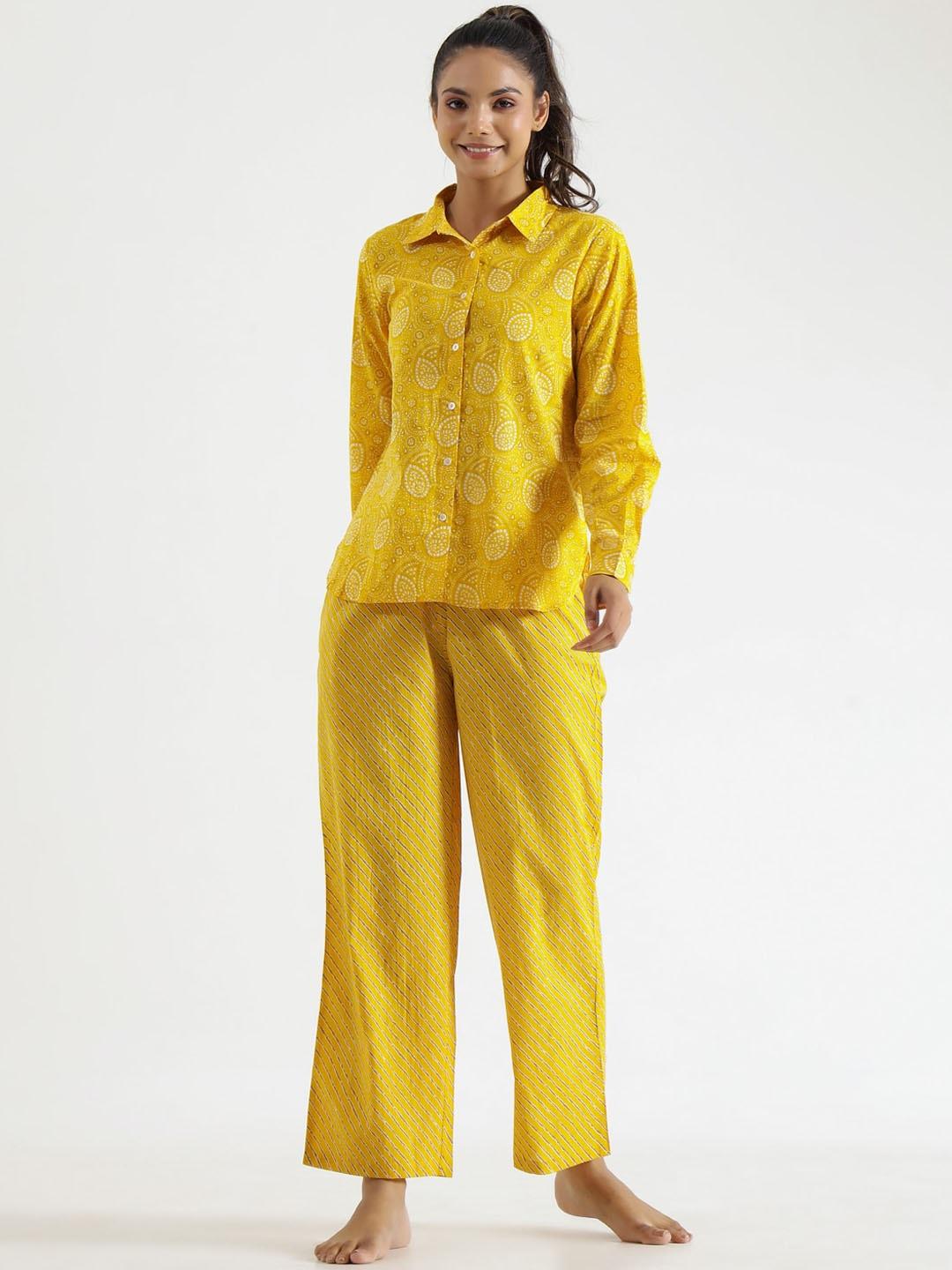 sanskrutihomes yellow ethnic motif printed pure cotton night suit