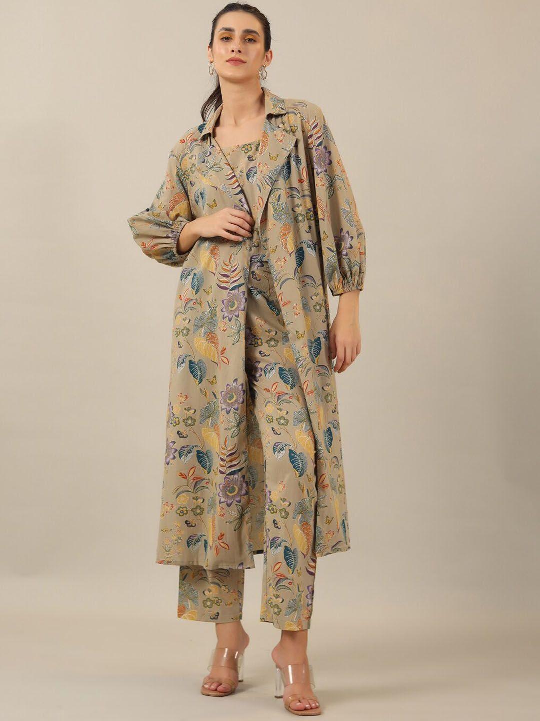 sanskrutihomes beige floral printed pure cotton top & trousers with jacket