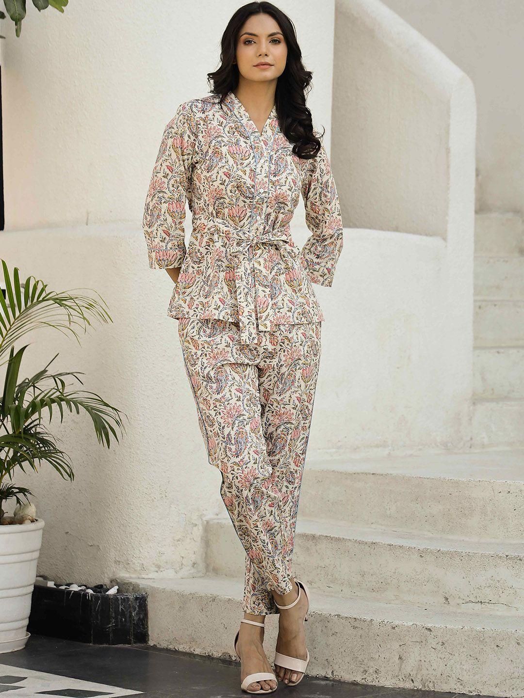 sanskrutihomes beige printed pure cotton shirt with trousers co-ords