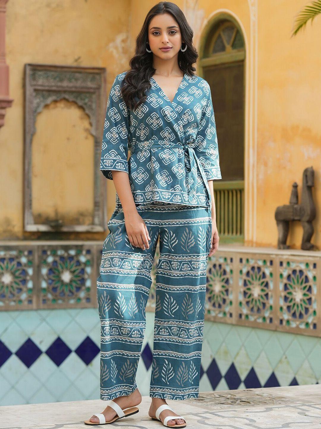 sanskrutihomes blue & white geometric printed pure cotton night suit