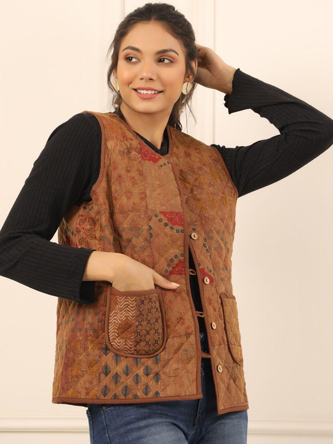 sanskrutihomes brown ethnic motifs printed lightweight cotton quilted jacket