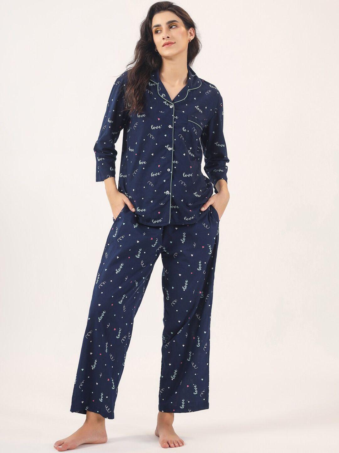 sanskrutihomes conversational printed lapel collar pure cotton night suit