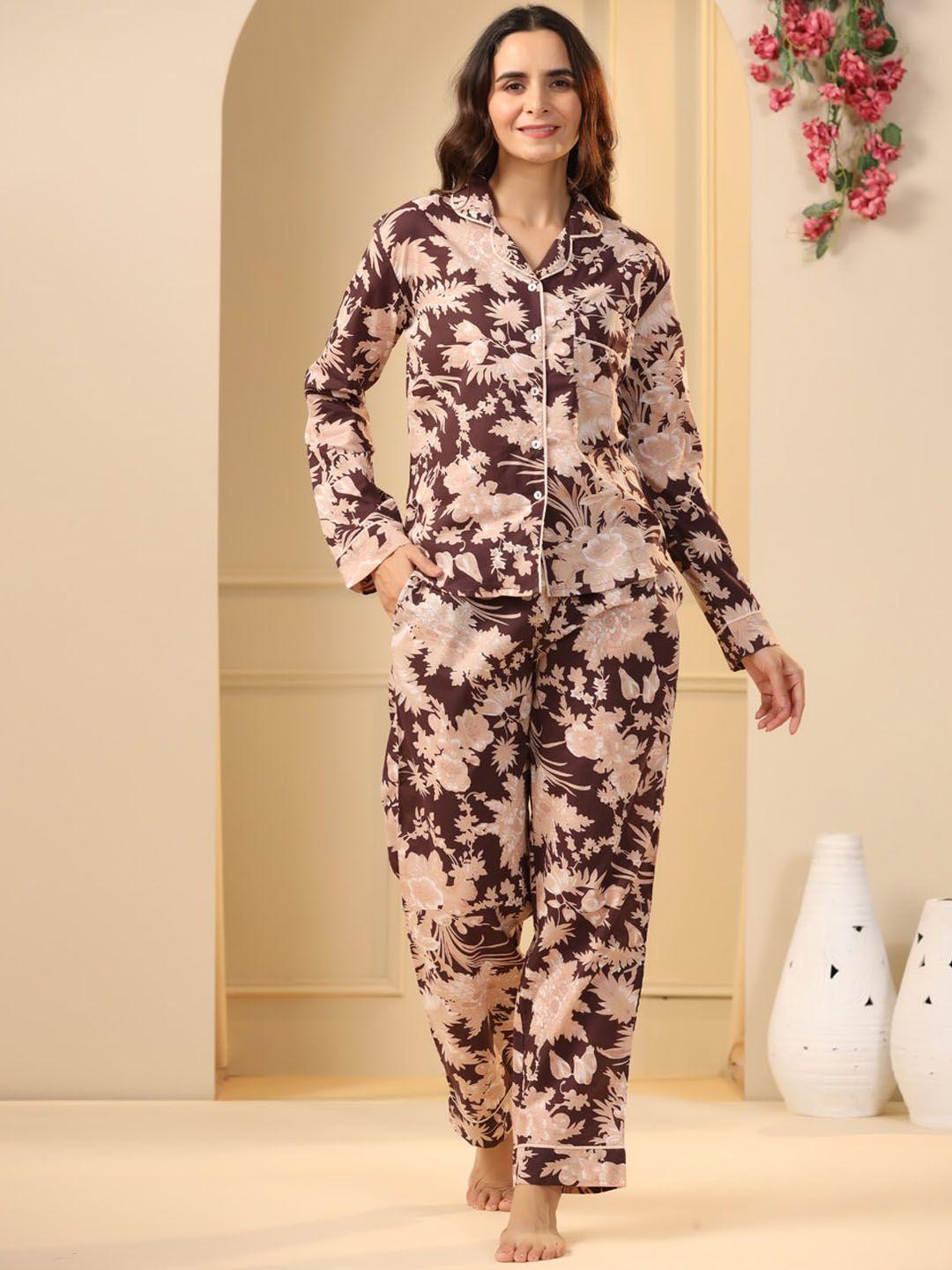 sanskrutihomes floral printed lapel collar pure cotton night suit