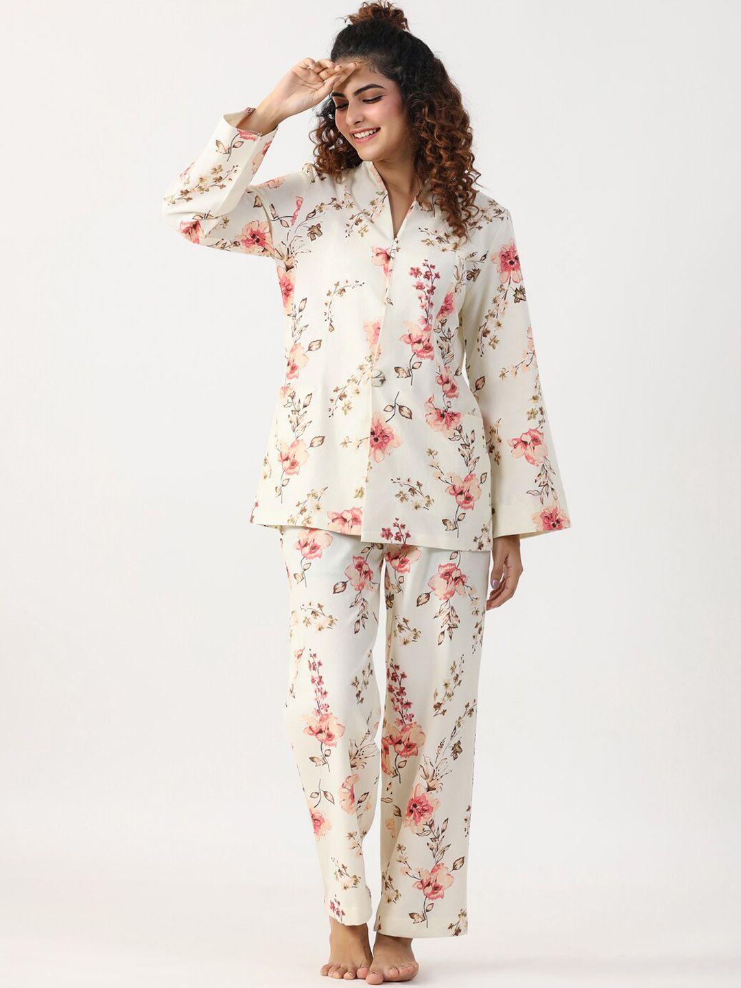 sanskrutihomes floral printed pure cotton shirt & pyjamas