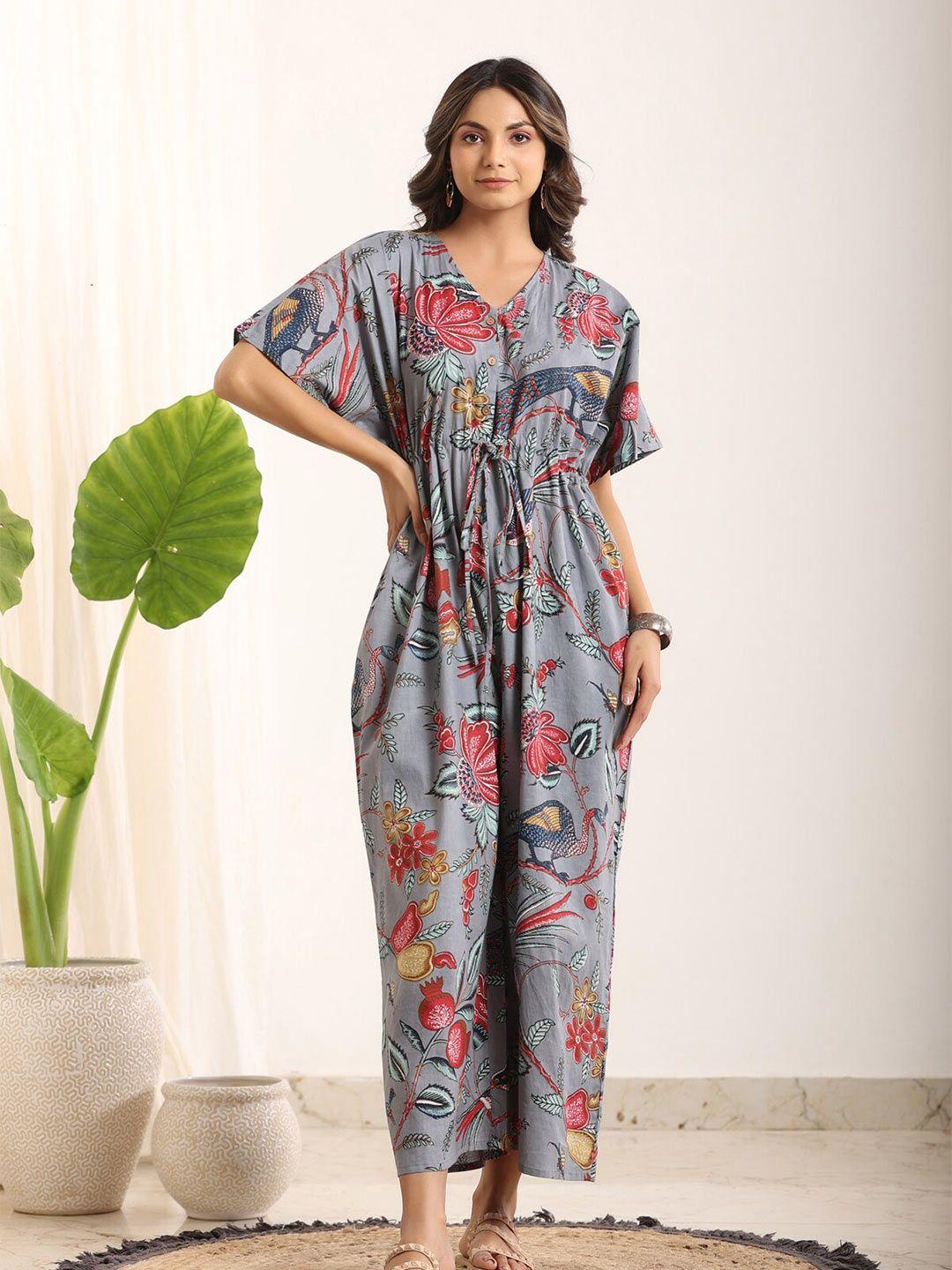 sanskrutihomes floral printed v-neck waist tie ups cotton culottes jumpsuit