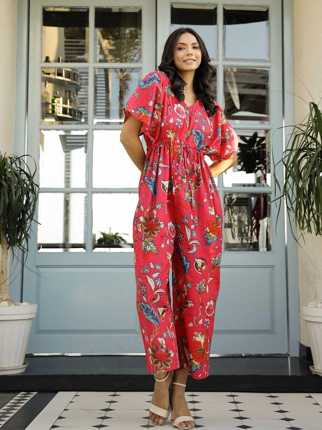 sanskrutihomes floral printed waist tie-ups cotton basic jumpsuit