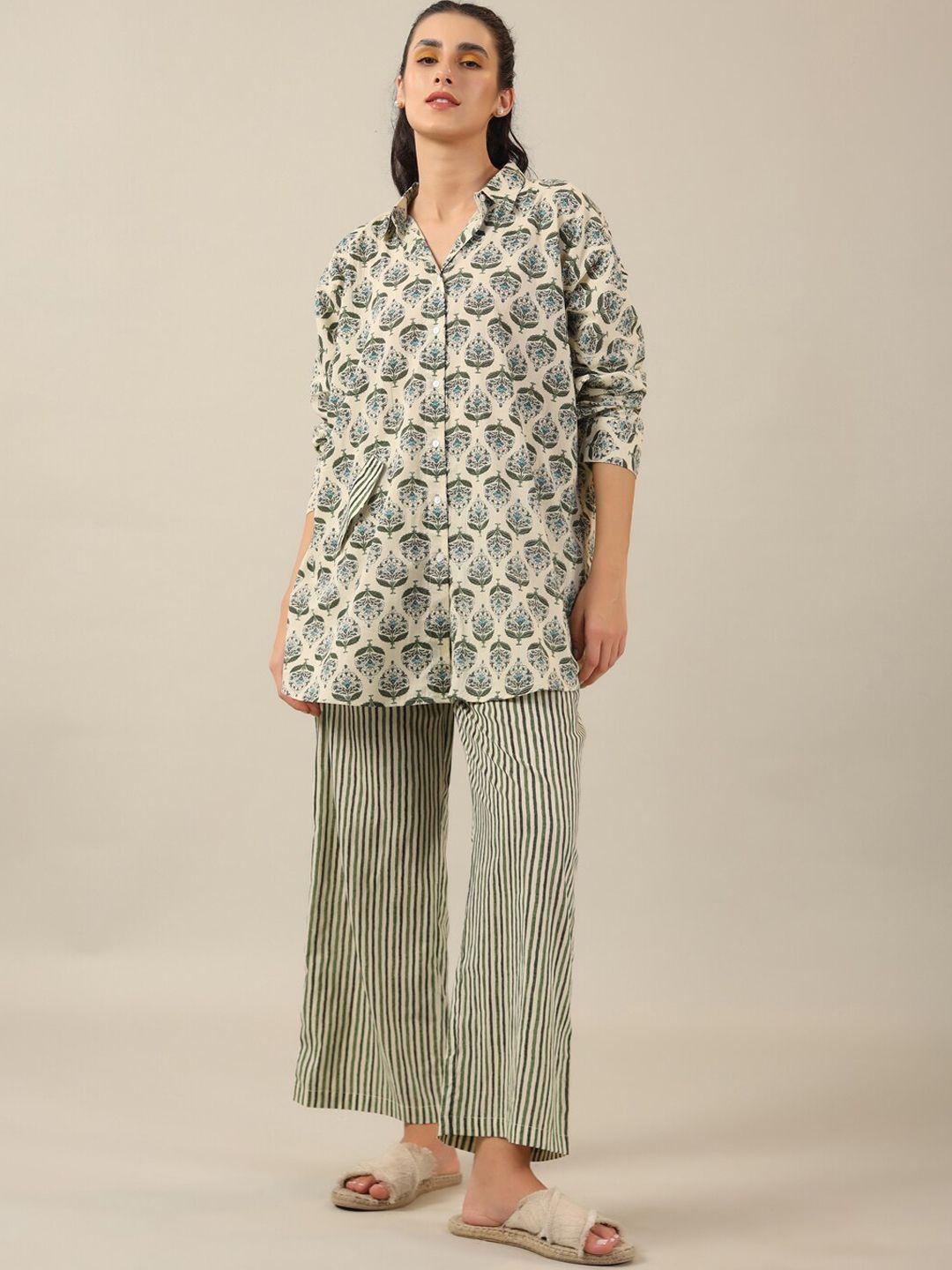 sanskrutihomes green ethnic motifs printed shirt collar pure cotton nightsuit